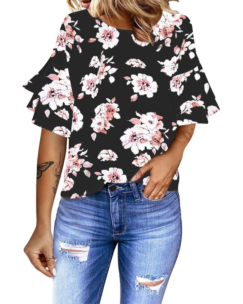 luvamia Women's Casual 3/4 Tiered Bell Sleeve Crewneck Loose Tops Blouses Shirt D Floral Print Black Size L - Image 1